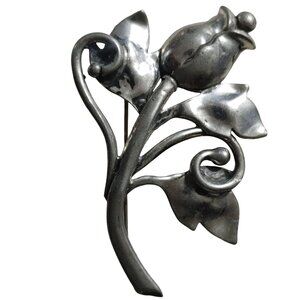 Large Floral Brooch Pin Vintage Silver Tone Flower Tulip Rose Leaf 3.5 Inches